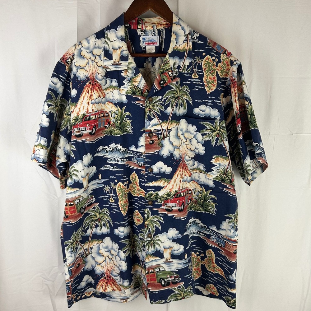 Hawaii Button Up Shirt Mens XL Navy‎ Blue Volcano Woody Wagon Print Aloha